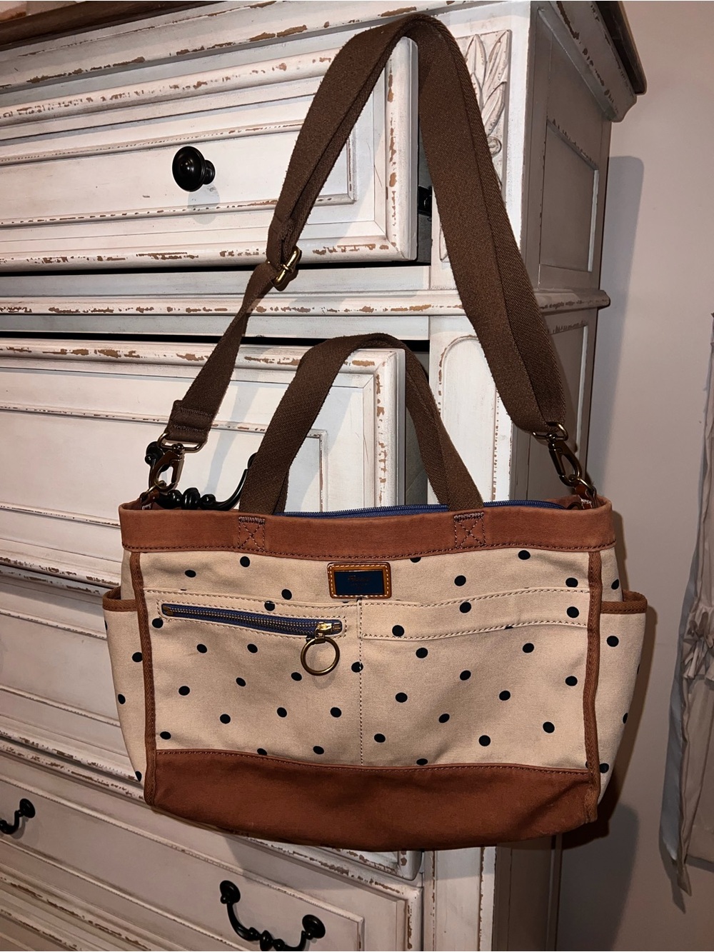 Fossil Canvas Polka Dot Tote Bag with Brown Trim